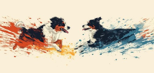 Couple dogs flat design top view agility training theme water color Complementary Color Scheme.