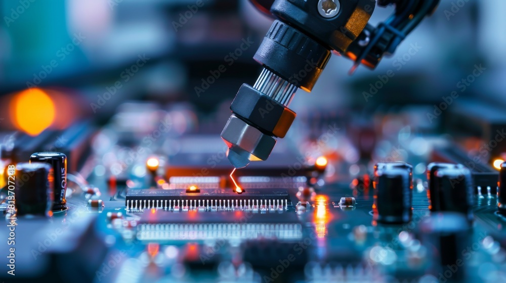 Aufkleber an electronic printed circuit board is being assembled with an automated robotic arm and surface mou