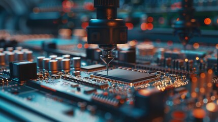 A macro shot of an electronic printed circuit board being assembled using a robotic arm, surface mounted technology connecting microchips, transistors, and capacitors to the motherboard.