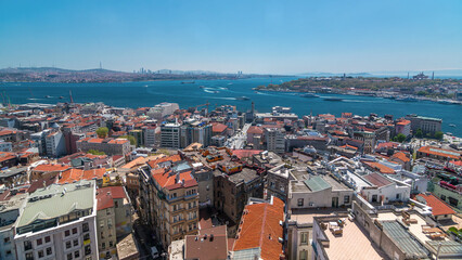 The view from Galata Tower to Galata Bridge timelapse Golden Horn, Istanbul, Turkey