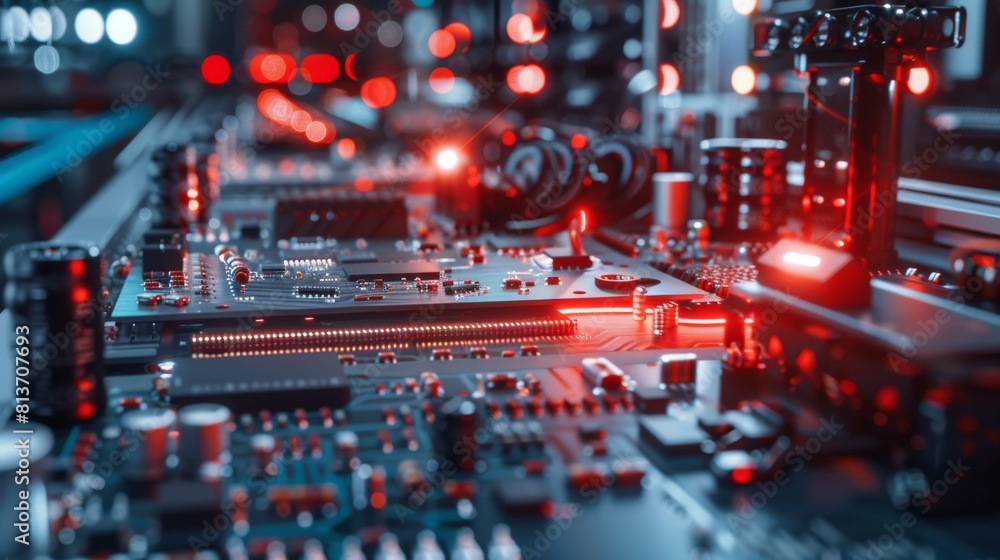 Poster robotic industrial equipment tests printed circuit boards and rejects them with red light and laser 