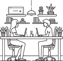 People are working in the office graphic black white interior sketch illustration vector