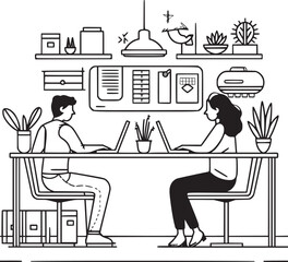 People are working in the office graphic black white interior sketch illustration vector