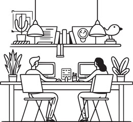 People are working in the office graphic black white interior sketch illustration vector