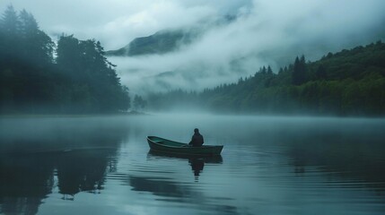 Fototapeta premium Man on a Boat on a Misty Lake with Cinematic and Eclectic Cultural Themes
