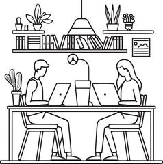 People are working in the office graphic black white interior sketch illustration vector