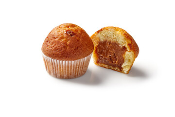 Sweet fluffy muffins filled with apple jam on white