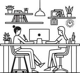 People are working in the office graphic black white interior sketch illustration vector