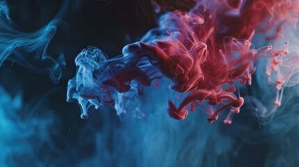 Captivating smoke motion dynamics of blue and red hues against a stark black background, banner, copy space