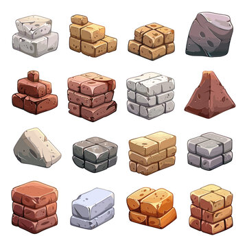 Cartoon Bricks and Piles of Stones for Building. Different Angles of Red and Silicate Bricks, Decorative Stones. Icons Isolated on White Background. Construction Materials, Building Supplies, Masonry