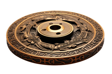 A round metal object with a lot of writing on it. It looks like a coin or a plate