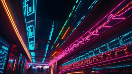 Vibrant neon lights forming abstract shapes, with digital currency logos interspersed throughout, Cybernetic organism integrated with blockchain technology, depicted against a backdrop of swirling