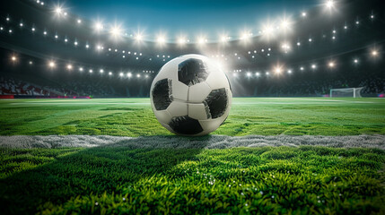 Fototapeta premium Soccer Ball in a Stadium with Lights. A classic black and white soccer ball on green grass in the center of a stadium, illuminated by spotlights