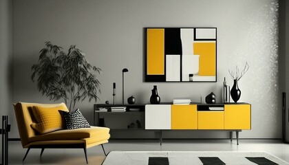 Modern minimalist living room inspired by the 60s, created with generative AI