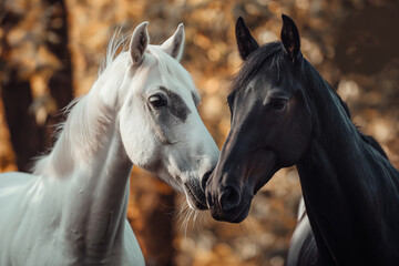 Obraz premium White and black horses touching snouts in a picturesque natural landscape. Generative AI