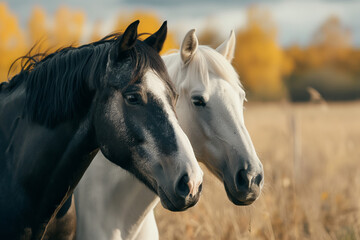 Obraz premium Farm Life: Black and white horses grazing together in a grassy field under a clear sky. Generative AI