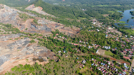 aerial view of stone mining on the hill, Banjarbaru