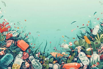 A cartoon illustration of ocean plastic pollution. No plastic day horizontal background with copy space. There is an array of colorful debris floating in the water bottles, plates, cups, bags, and