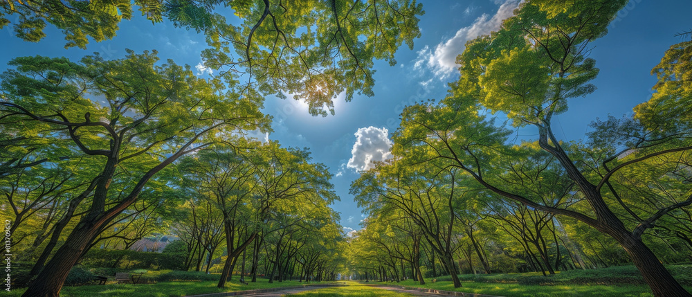 Poster scenic view of public park with lush trees and winding walk paths from a low angle.
