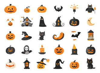 Cartoon Halloween Icons Set. Ghosts, Pumpkins, Cat, Bat, Candle, Grave, and More. Isolated Vector Illustrations in Simple Flat Style on White Background
