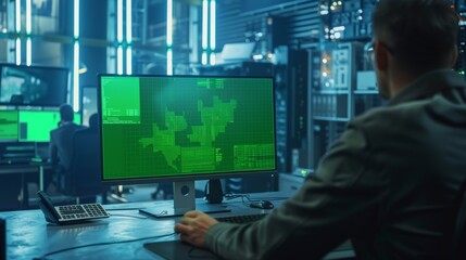 Fototapeta premium Engineer Working Over the Shoulder Using Green Mock-Up Screen Desktop Computer. Industrial Design Specialist on Blueprints and Drawings in the Background.