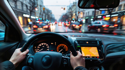 The driver is driving through the evening city. View from inside the car