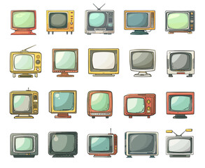 Cartoon Retro Televisions Set. Various Types in Simple Flat Style. Vintage TV Icons Isolated on White Background. Old Fashioned, Antique, Classic, Entertainment, Media, Electronics