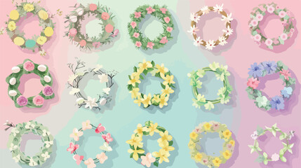 Collage with many beautiful Easter wreaths on color background