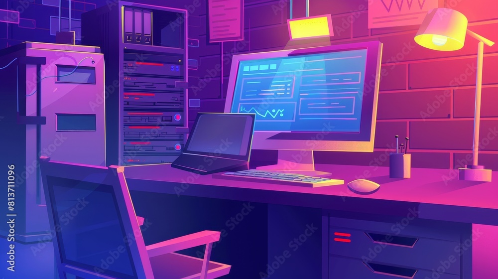 Poster a modern cartoon illustration of a desktop computer with a authorization form displaying the concept