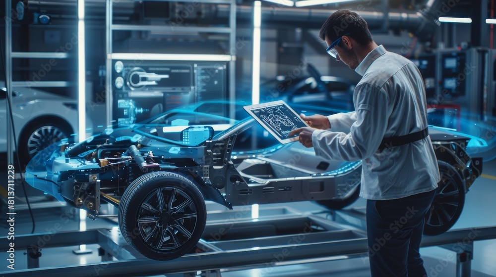 Poster engineer working on an electric vehicle chassis platform using a tablet computer with augmented real