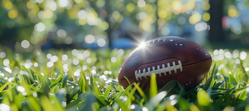 American football ball on green stadium grass with generous room for customized text placement