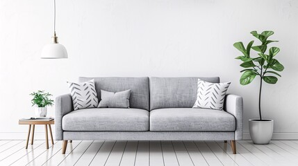 Livingroom interior wall mock up with gray fabric sofa and pillows on white background with free space on wall. 3d rendering. ai generative