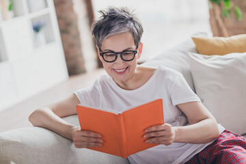 Photo of lovely mature lady read book sit sofa dressed white garment modern living room rest enjoy...