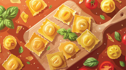 Collage with raw homemade ravioli top view Vector style
