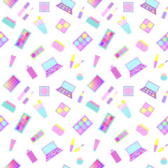 Seamless pattern of decorative cosmetics. Eyeshadow palette, blush, mascara, gloss, lipstick, cream, makeup brushes. Vector illustration
