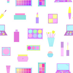 Seamless pattern of decorative cosmetics. Eyeshadow palette, blush, mascara, gloss, lipstick, cream, makeup brushes. Vector illustration