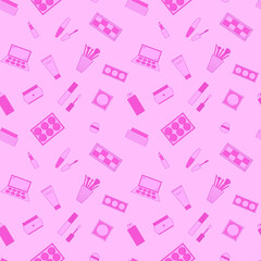 Seamless pattern of decorative cosmetics. Eyeshadow palette, blush, mascara, gloss, lipstick, cream, makeup brushes. Vector illustration
