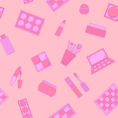 Seamless pattern of decorative cosmetics. Eyeshadow palette, blush, mascara, gloss, lipstick, cream, makeup brushes. Vector illustration