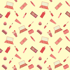 Seamless pattern of decorative cosmetics. Eyeshadow palette, blush, mascara, gloss, lipstick, cream, makeup brushes. Vector illustration