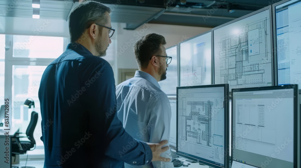 Poster a developer uses a computer to communicate with their manager, shows them details about the project.