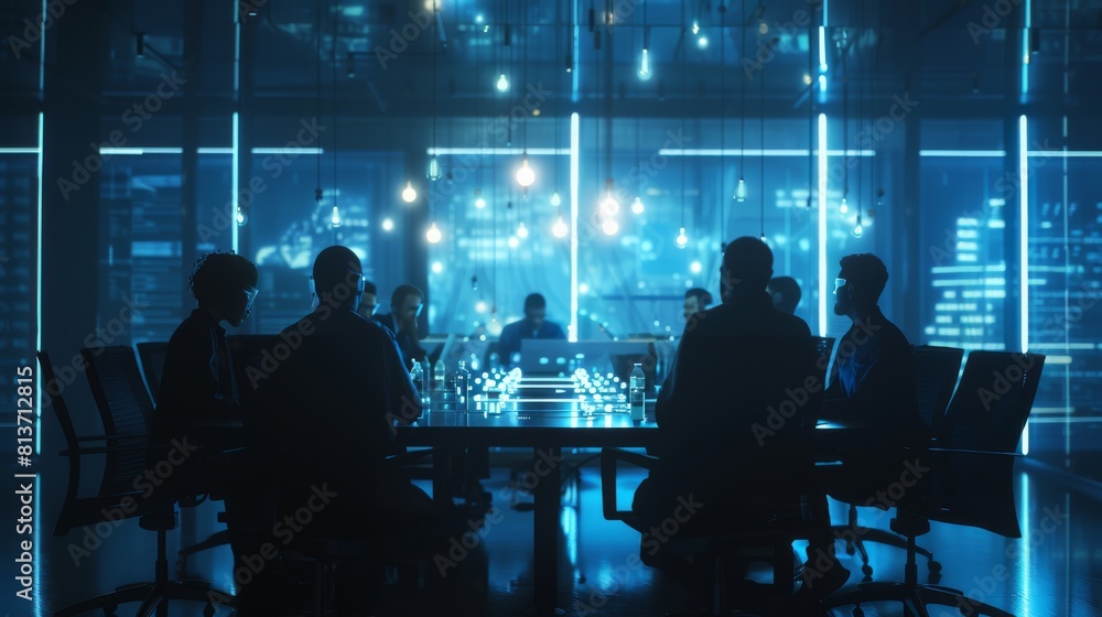Poster engineers in technology research laboratory: gathering around illuminated conference table and talki