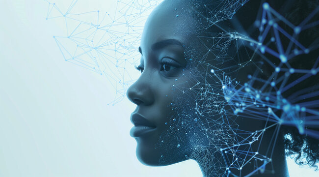 A double exposure image of a black womans face with digital data flowing around. African American AI technology concept. Representation of women in coding and cyber security in the workplace. 