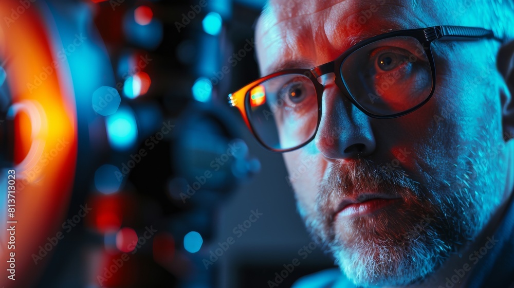 Poster an engineer in glasses works with a precision laser device, using lenses and optics to test supercon