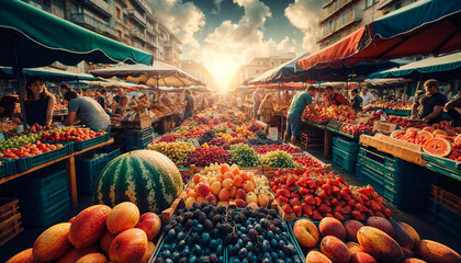 Colorful assortment of fresh fruits on a fruit market - Powered by Adobe