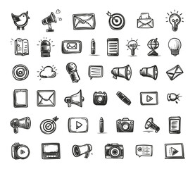 Hand-Drawn Media Marketing Icons Set. Social Media, Advertising, Promotion, Branding. Black Icons with Clear Outlines on White Background
