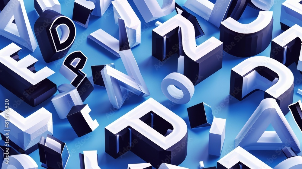 Fototapete the seamless pattern has a geometric 3d font and black and white typeface letters on a blue backgrou