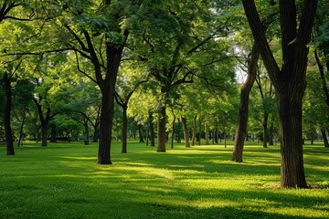 Fototapeta premium city ​​park with a green artificial forest with fresh grass and shady trees, generative ai