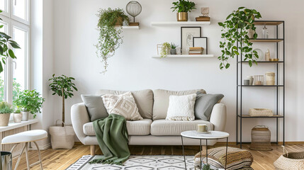 Modern Scandinavian home interior design characterized by an elegant living room featuring a comfortable sofa, wooden floor, white walls and home plants