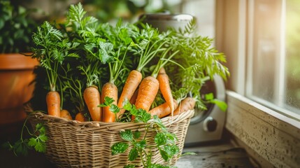 Harvested carrots in basket, sunlight glistening, prepared for juicing into nutritious drink