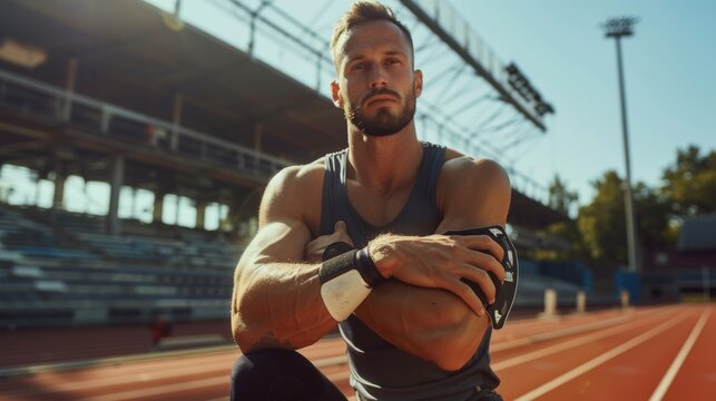 Athletic Disabled Fit Man with Prosthetic Running Blades Pose on a Sunny Afternoon on an Outdoor Stadium. Amputee Runner Standing on a Track. Motivational Sports Shot.